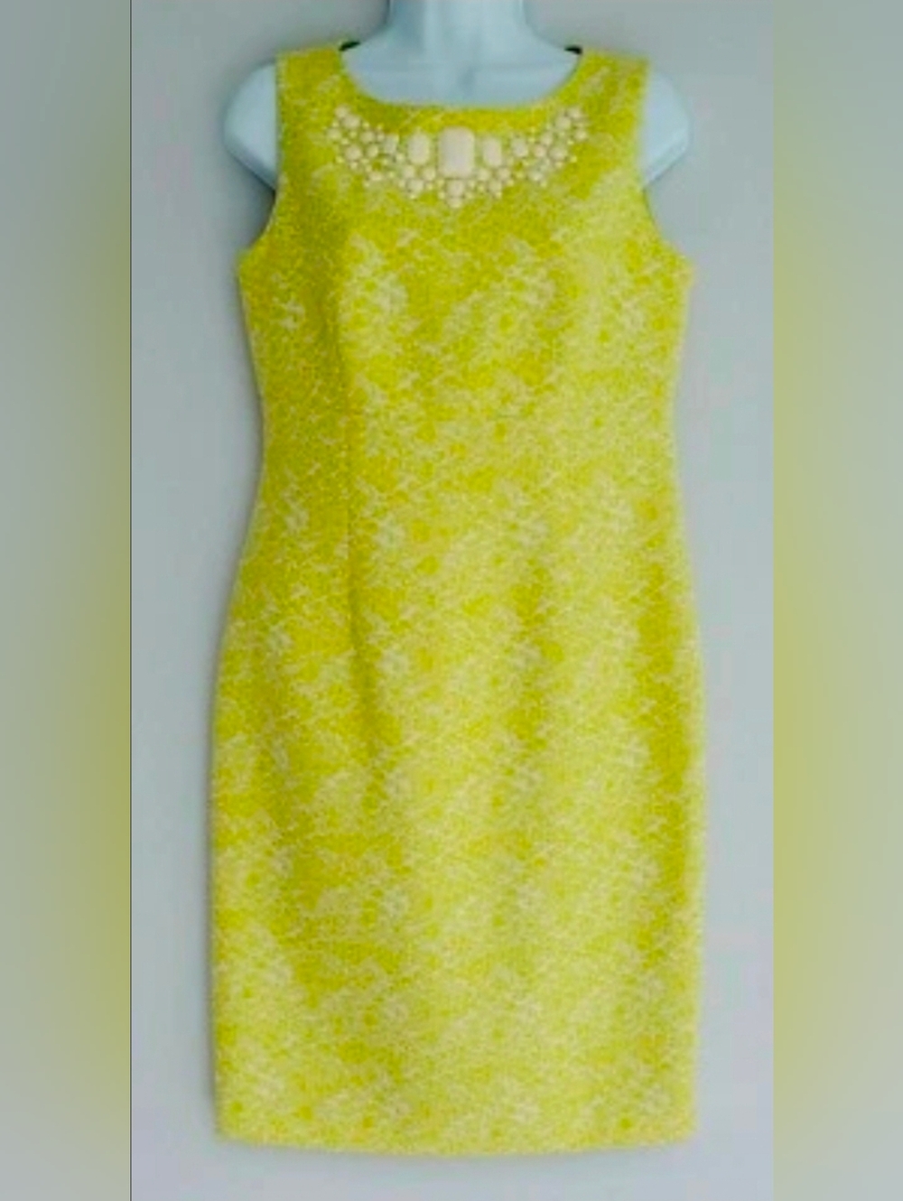 Jones New York Lemon-Chartreuse Beaded Sheath Dress SZ 12